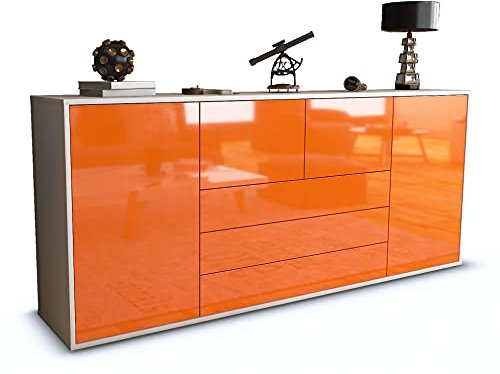 Stil.Zeit Sideboard Abraham, Korpus Weiss matt, Front Hochglanz-Design Mandarine (180x79x35cm) Push-to-Open Technik & Leichtlaufschienen