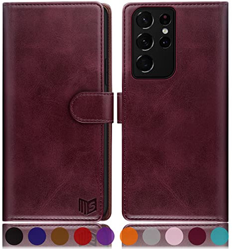 SUANPOT [RFID Schutz für Samsung Galaxy S21 Ultra Hülle PU Leder Handyhülle Lederhülle Klapphülle Kartenfach Flip Cover für Samsung S21 Ultra Handy hülle Leather Wallet Phone Case Rotwein