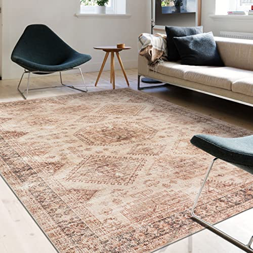 TALETA Teppich Wohnzimmer waschbar rutschfest, Kurzflor Teppich Schlafzimmer, Vintage Teppich orientalisch, Carpet Living Room, groß Teppich 190 x 280 cm, gelb