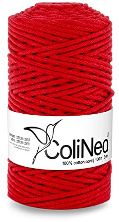 ColiNea Baumwollkordel mit Baumwollkern 3 mm 100m Baumwollgarn DIY Makramee Stricken Cotton Cord rot ideal für Makramee Handwerk Baumwollseil für Basteln