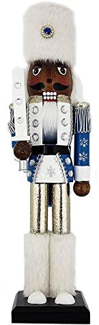 Christmas Holiday Wooden Snow Fantasy African American Nutcracker Figure Soldier with Blue Uniform Jacket, White Fur Hat & Boots & Sword Decorated with Rhinestones, Large, 15 Inch