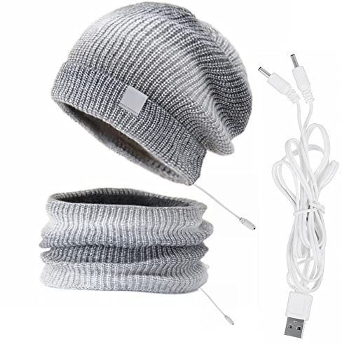 MoreChioce Beheizbare Beanie-Mütze und Nackenwärmer-Set, 2 in 1 5V Wintermütze Schal Set USB Wiederaufladbarer Elektrischer Nackenwärmer Beheizte Beanie-Mütze Strickmütze für Damen Herren,Grau