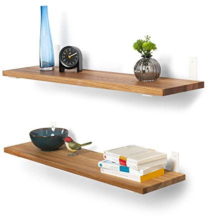 Rikmani Schweberegal Holzregal Wandregal TES Küchenregal Bücherregal Holz Regal Wand Regalbrett Eiche für Schlafzimmer, Kinderzimmer, Büro Wandboard Metall 120 cm - Hell (Weiss)