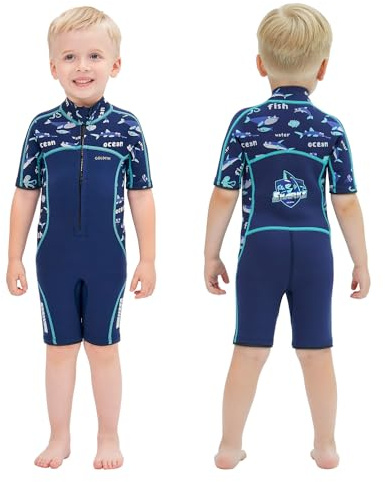 Goldfin Kids Wetsuit for Boys Girls, 3mm Shorty Wetsuits Neoprene Front Zip Wet Suits for Water Sports Surfing Swimming Snorkeling Diving Blue Size 6