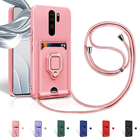 Aithne Case für Xiaomi Redmi Note 8 Pro Handykette Hüll,Silikon Handyhülle zum Umhängen Kette,360 Grad Ringhalter Stand Kartenfach-Pink