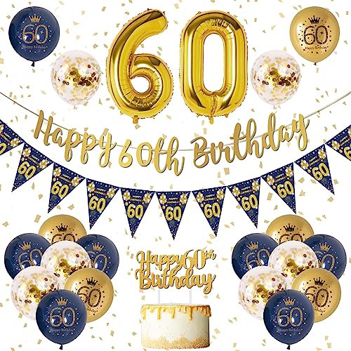 60th Birthday Decorations Men Navy Blue Gold Latex Balloons Happy Birthday Banner Party Decorations Confetti Balloons for Men 60th Party Supplies