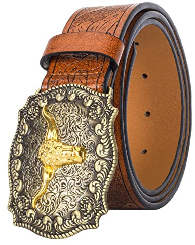 INOGIH Westliches Leder Cowboygürtel Longhorn Stier Schnalle Gürtel Floral Gravur Gürtel für Männer, braun, per girovita 84-91 cm