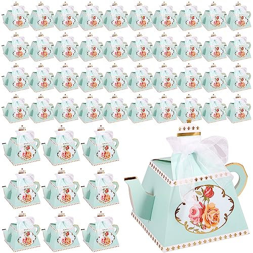 50Pcs Teapot Candy Box Vintage Floral Teapot Shape Box Reusable Paper Flower Tea Party Gift Boxes Cute Mini Decorative Present Bags for Wedding Bridal Birthday Party 8.5x8.5x10.5cm(blue)