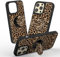 pcgaga Phone Case for iPhone 15 Pro 6.1- Cute PC Cover with Screen Protector, PU Leather Back, Innovative Handheld Stand Holder Ring, Soft Slim Frame, Colorful Painting Design (Black Leopard)