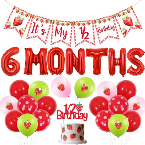 Sursurprise Erdbeere 1/2 Geburtstag Dekorationen, Banner, 6 Monate Ballon, 20 Latex Ballons, 1/2 Geburtstag Kuchen Topper, Bänder für Mädchen Erdbeere 6 Monate Party Supplies