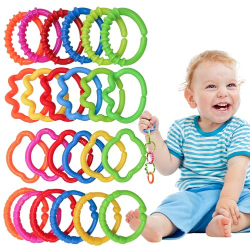 Kakiblin Baby Links & Rings 24 Pc Set: Hanging Stroller, Car Seat & Travel Toy - Ages 0+ (Multicolor)