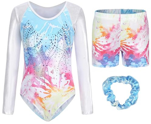 Happy Cherry Kinder Gymnastikanzug Langarm Gymnastikbody Shorts Set Glänzende Turnanzug für Mädchen Kunstturnen Bekleidung 7-8 Jahre