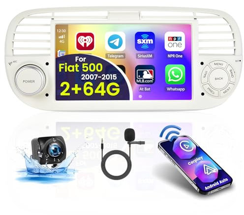 Inefala 2+64GB Radio per Fiat 500 2007-2015 Android 15 Soporta Wireless CarPlay Android Auto, 7 Pollici Schermo per Auto con Bluetooth Mirror Link WIFI GPS SWC Telecamera Posteriore AHD, Bianco