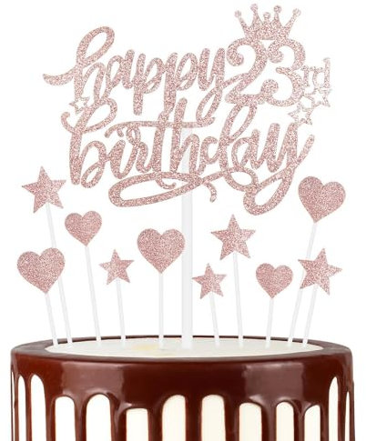 Happy 23th Birthday Cake Toppers, Rose Gold Cake Cupcake Toppers for Cake, Glitter Heart Stars Cake Toppers, Birthday Gift, Personalised Cake Toppers for Women Girls 23th Birthday Cake Decorations