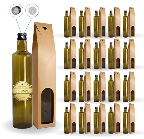 Espirito Rebelde - 20 botellas de vidrio oscuro 500 ml con tapón de rosca negro con boquilla vertedora + 20 latas, aceite de oliva, vinagre, alcohol, salsas - aceitera