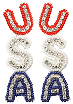 LUOFENG Patriotische USA-Buchstaben-Ohrringe mit Rocailles, rot/weiß/blau, baumelnde Ohrringe zum amerikanischen Unabhängigkeitstag für Frauen und Mädchen