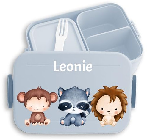 Kinder Bento Box Midi Lunchbox für Mepal Bentobox - Tiere - Affe Waschbär Igel mit Namen - 900 ml - Hellblau - jausenbox brotdose mädchen kindergarten tieren und brotbox personalisierte name tier