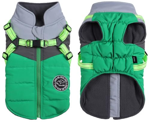 Hundemantel Savlot Hundeweste mit Geschirr Hundemäntel für kaltes Wetter Hundemäntel für kleine Hunde Hunde-Winterjacke Winddicht Reflektierende Welpenjacke(S, Grün + Grau)