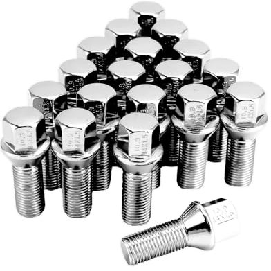 QWORK® 20 Stück M14x1.5, Radschrauben, Radbolzen, Durchmesser 28mm, Kegelbund 60°, Geeignet für Audi BMW,Peugeot, Benz, Citroen, Chrom