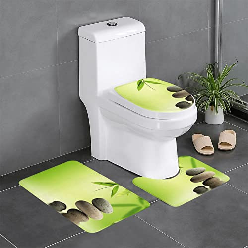 Stone Spa Badematten-Set aus Bambus, bedruckt, rutschfest, 3 Stück, 60 x 40 cm, Badezimmerteppich-Set, Badematte + U-förmiger WC-Vorleger + O-förmiger Toilettensitzbezug