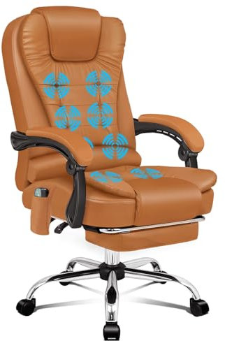 ALFORDSON Silla de Oficina ergonómica con función de Masaje térmico, Silla de Ordenador con reposabrazos Acolchados y reposacabezas Suave, Piel PU, Marrón