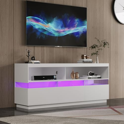 KeepGoon Meuble TV moderne 147 L x 36,5 W x 61 cm - Avec système d'éclairage LED - Convient pour téléviseurs de 65 - Meuble bas de salon avec tiroirs - Blanc