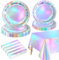 Iridescent Party Decorations for 20 Guests, Iridescent Tableware Set Includes Holographic Paper Plates, Napkins, Tablecloth for Birthday Mermaid Themed Party Decorations Wedding