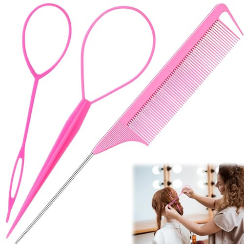 XUKZIMA 3 Pcs Topsy Tail Hair Tool Pink Hair Looping Tool with Rat Tail Comb Hair Pull Through Tool Tail French Braid Loop Tool Hair Braiding Tool for Making Women and Girls Hair Style