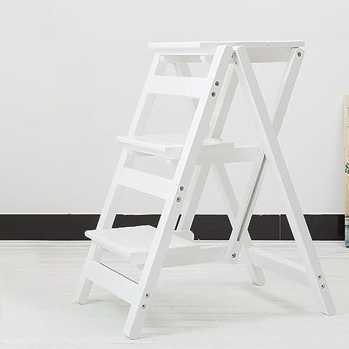SFSLBFB Wooden Folding Library Ladder Chair, 3 Step Solid Wood Folding Ladder Chair, Protable Wooden Step Stool, Multifunction 3-in-1 Wood Step Stool, for Home, Library (Color : White)