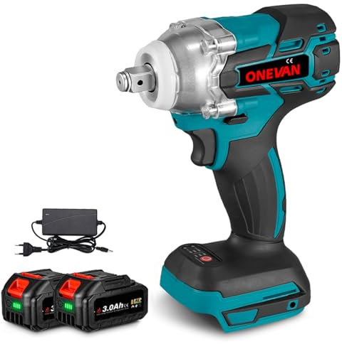 ONEVAN Akku-Schlagschrauber 800 Nm, 1/2 Zoll bürstenloser Motor, 21 V elektrisch mit Akku 2 x 3,0 Ah, 6 Stecknüsse mit verstellbarem Drehmoment zum Wechseln (Blau, FBM-Mit 2 Akkus)
