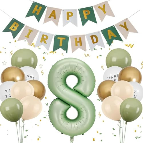8. Geburtstag Deko Salbeigrüne, Deko 8 Geburtstag Mädchen Jungen, Geburtstagsdeko 8 Jahre, Olivgrün Zahl 8 Luftballon Happy Birthday Folienballon 8 Grün Gold, Ballon 8 Deko zum Geburtstag Mädchen