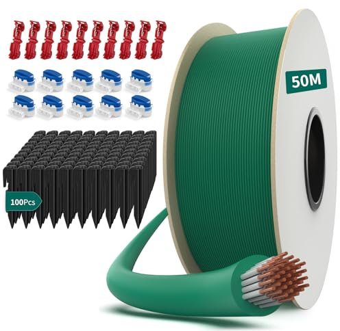 HAUSPROFI Cavo robot tosaerba 50 m + 100 picchetti + 10 connettori per cavo + 10 terminali di connessione, filo robot tosaerba, cavo per robot tosaerba Worx, Gardena, Bosch, Yard Force ecc