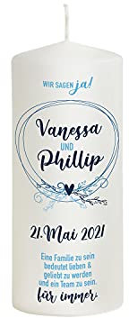 Liamoria® Hochzeitskerze Vintage in Blau mit Namen, Datum und Spruch - Modell Vanessa - Personalisierte Hochzeitsdekoration (20 x 8 cm)