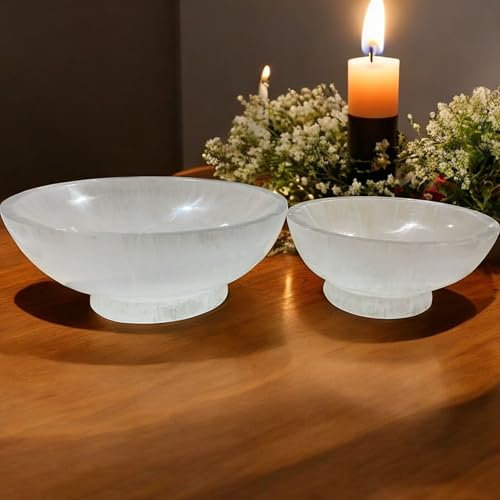 Selenite Charging Round Shape Handmade Bowl with Base Alter Cleansing Spiritual Energy Healing Plate Charge White Dish Meditation Tumbles Creative Dish Jewelry Storage Decoration or Gift (10cm)