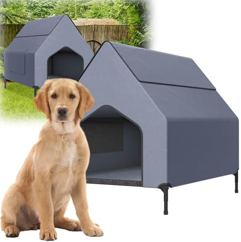 HENGMEI Hundebett mit Baldachin Hundeliege Hundehütte im Hausform, 130 x 84 x 104cm Haustierzelt Hundezelt Outdoor Erhöhtes Katzenhaus Hundehaus Oxford-Material Stahlrahmen Hundekäfig
