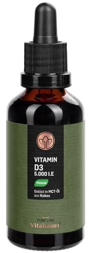 Vitabaum® Vitamin D3 5000 I.E. Tropfen – Hochdosiert – 1700 Tropfen – 50 ml – In MCT-Öl gelöst für optimale Aufnahme – Premium-Qualität und praktische Dosierung – Vegan