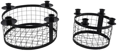 ReWu Metallkorb 2er-Set mit 4 Stabkerzenhaltern Rund Metall Schwarz Kerzenhalter Adventskorb Adventskranz Aufbewahrungskorb Tischdekoration Kerzenständer Dekokorb 35 x 35 x 14,5 cm