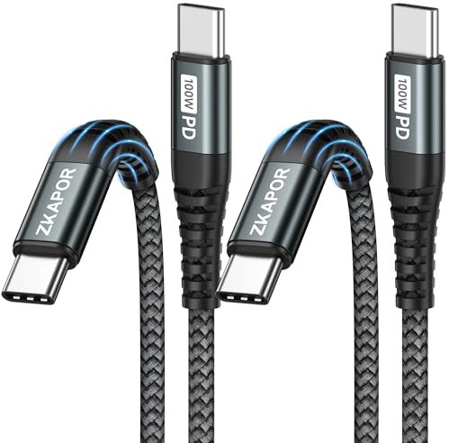 ZKAPOR Cavo USB C USB C [2Pezzi, 1M], 100W Cavo USB Type-C Ricarica Rapida PD Nylon Cavo Type C per iPhone 16/15 Pro Max, Samsung Galaxy S24 /S23, Pad Pro, Air, P60 /Mate 60, Pixel - Grigio