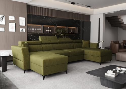 AXLIVING Ecksofa klein mit Schlaffunktion Ribella 345 cm Olivgrün U-Form