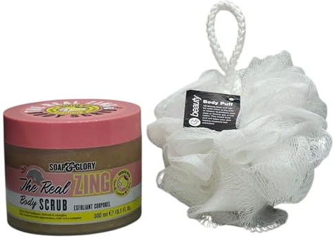 Soap Glory Körperpflege, The Real Zing Körperpeeling, 300 ml, feuchtigkeitsspendend und peelend, mit kostenlosem Beauty-Körperpuff (jede Farbe)