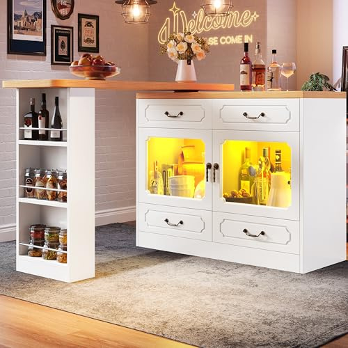 Kebnor Ausziehbarer Bartisch mit Stauraum(135-203×39×92.8cm), 360° drehbare Essbar, geeignet für Schlafzimmer, Wohnzimmer, Esszimmer, Teleskopischer Bartisch mit LED, Hochtisch Kücheninsel (Weiß)