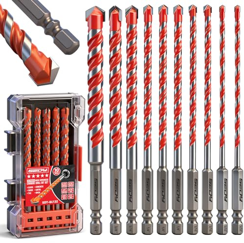 10-Piece Masonry Drill Bit Set, 6-Inch Carbide Tipped Concrete Drill Bits with Hex Shank for Brick, Cement, Tile, Wood and Light Metal, Fast Drilling and Chip Removal