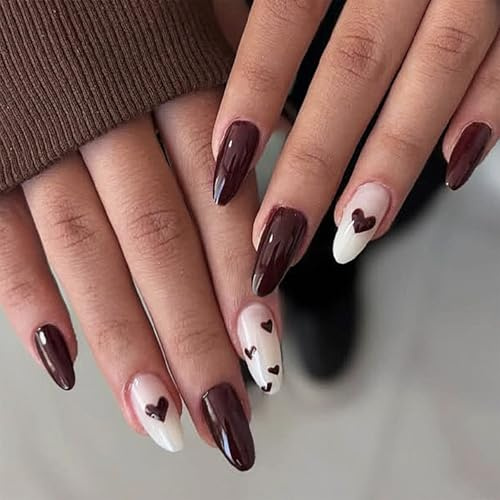 24PCS Red Stick on Nails, Press on Nails Almond with Glue, Long Lasting Winter Autumn False Nails with Heart Design in Dark Red & White, Full Cover Fake Nail Set for Women, DIY Manicure Nail Art
