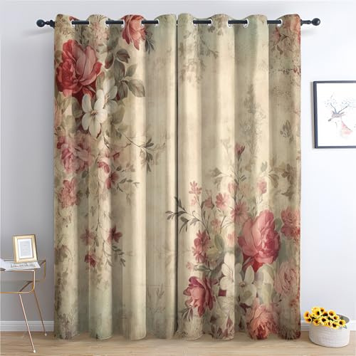 QEODAH Vintage Blumen Vorhänge Vintage Rose Shabby Chic Floral Verdunklungsvorhänge, Vorhang Blickdicht Gardinen mit Ösen, Schlafzimmer Wohnzimmer Deko, Thermovorhang 2er Set H 260 x B 140 cm