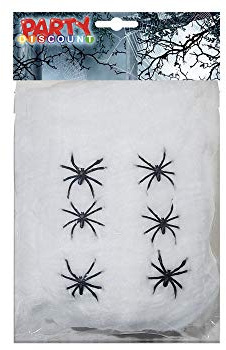 PARTY DISCOUNT ® Spinngewebe mit 6 Spinnen, 100 g, weiß