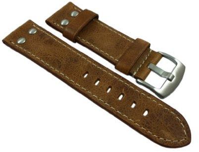 myledershop 18mm Kalbsleder Uhrenarmband im Vintage-Look mit Nieten Braun Silberfarbende Dornschließe inkl Montageanleitung