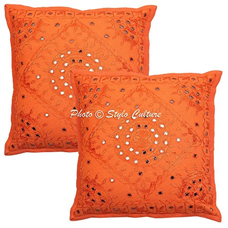 Stylo Culture Indio Fundas Almohadones Decorativa 40x40 cm Algodón Espejado Fundas para Cojines Cama Naranja 16x16 Inch Bordado Cuadrado sobre Fundas De Cojines De Sofa - 2 Pcs