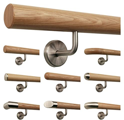 TIBU Esche Holz Handlauf Geländer 0,3m - 6m, Länge 110 cm, Ende gefast und 2 gewinkelte Halter