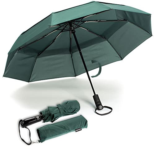 Ergonauts Travel Umbrella Windproof Vented Double Canopy – Teflon Coating, Ergonomic Handle & Protective Sleeve – Portable Compact Foldable Lightweight Design and High Wind Resistance (Forest Green)
