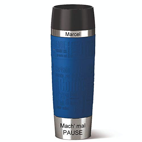 Sterngraf Emsa Isolierbecher MIT Gravur - Oben & UNTEN - (z.B. Namen) TRAVEL Mug Grande XXL 500ml Blau, 4h heiß/ 8h kalt, 100% dicht, auslaufsicher, Kaffee & Tee Thermo to-go-Becher
